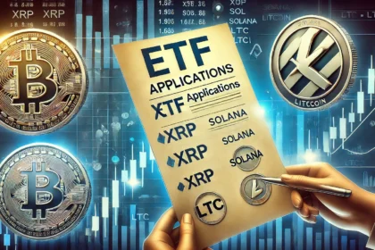 ETF applications for cryptocurrencies like XRP Solana and Litecoin. The design features an ETF docum