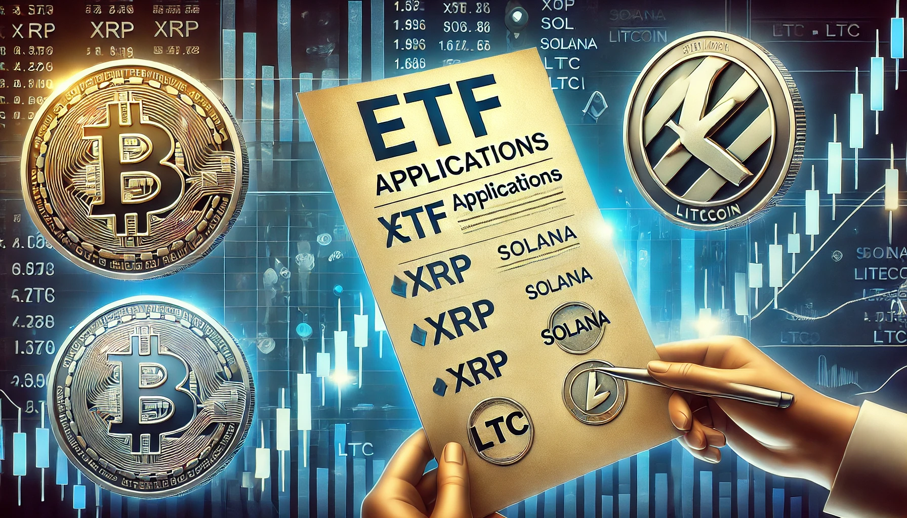 ETF applications for cryptocurrencies like XRP Solana and Litecoin. The design features an ETF docum