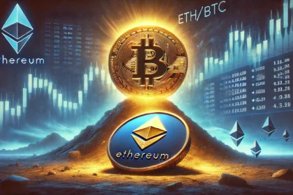 ETH BTC ratio decline. The image features a glowing Bitcoin coin towering over a fading Ethereum coin s