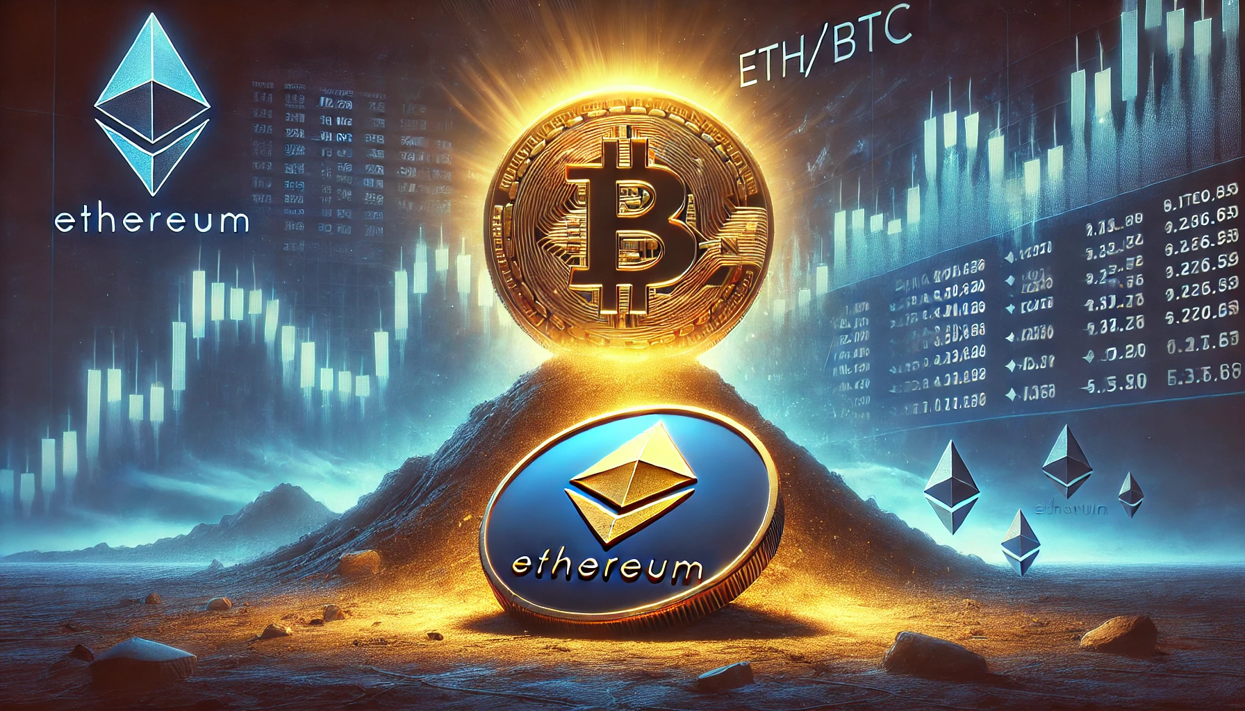 ETH BTC ratio decline. The image features a glowing Bitcoin coin towering over a fading Ethereum coin s