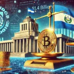 El Salvadors Bitcoin policy shift. The image features a futuristic government building with the El Salvador flag