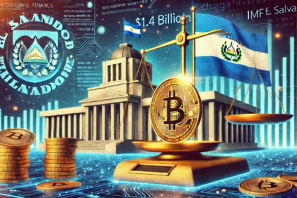 El Salvadors Bitcoin policy shift. The image features a futuristic government building with the El Salvador flag