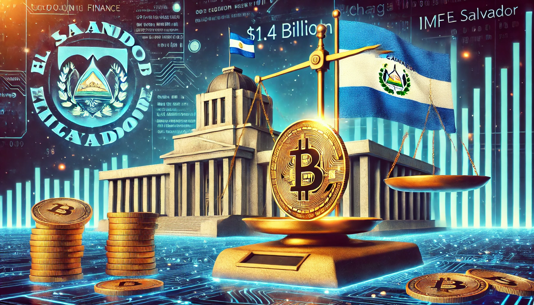 El Salvadors Bitcoin policy shift. The image features a futuristic government building with the El Salvador flag