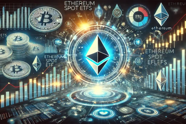 Ethereum spot ETFs and their record breaking inflows. The design includes the Ethereum lo