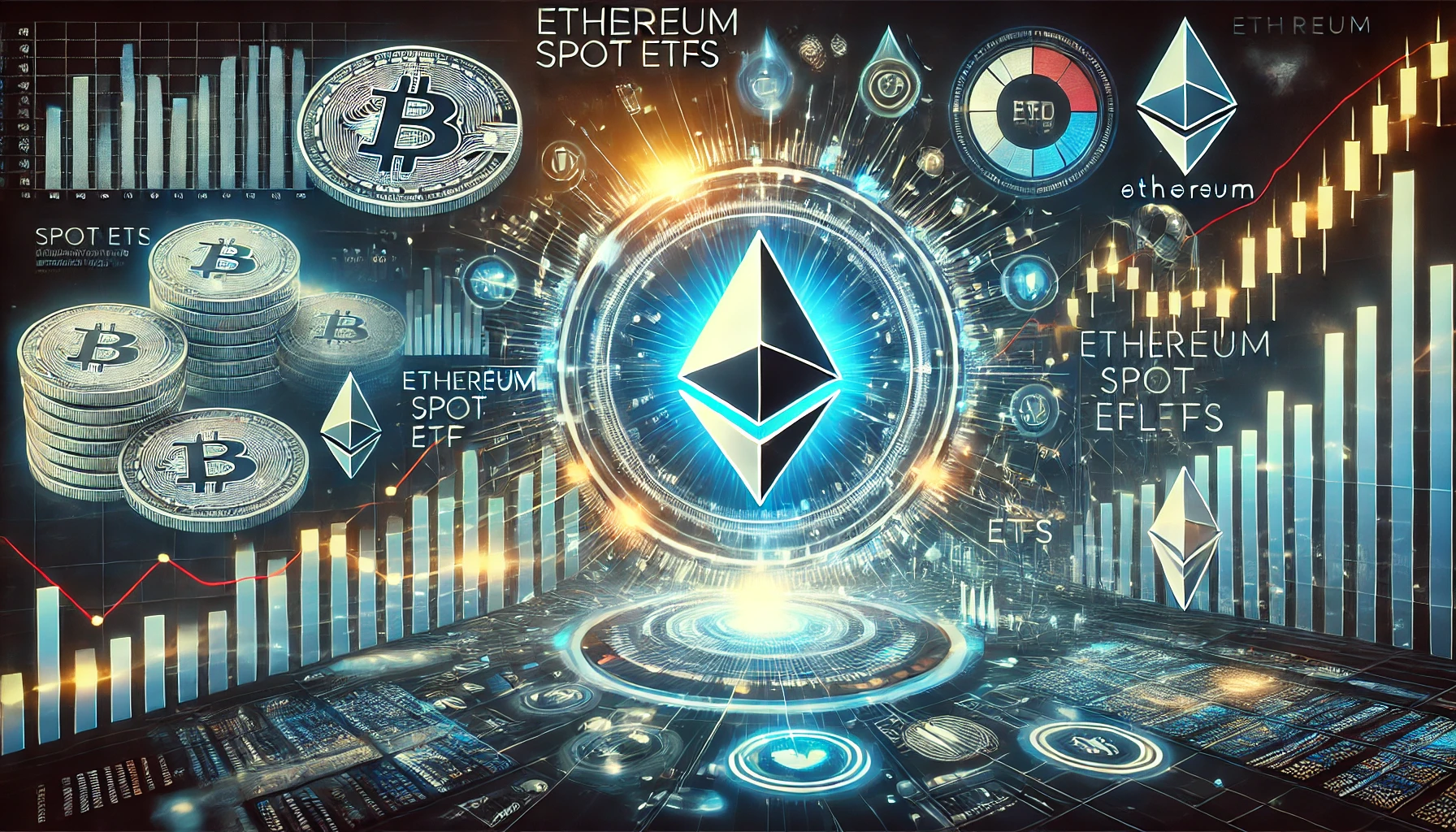 Ethereum spot ETFs and their record breaking inflows. The design includes the Ethereum lo