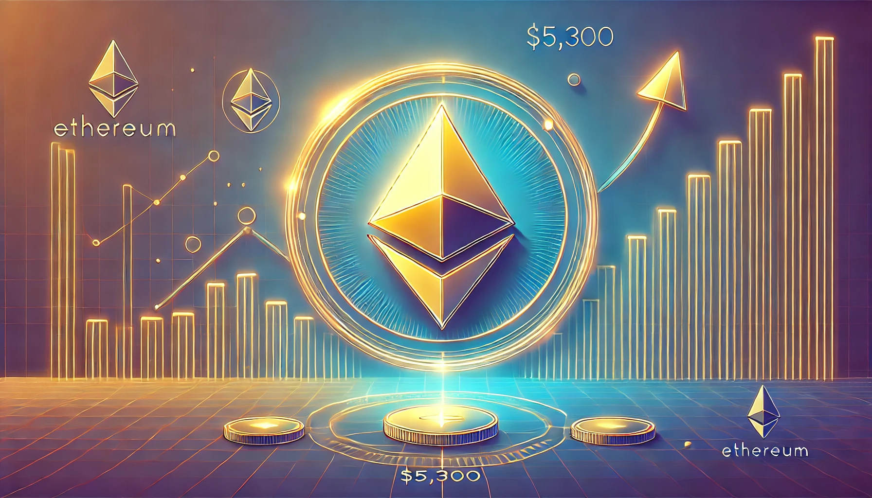 Ethereums ETH target price of 5300. The image features a large glowing Ethereum logo centered