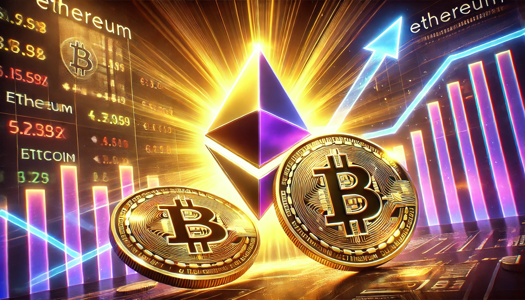 Ethereums potential to surpass Bitcoin. The Ethereum logo is displayed prominently in a glowing