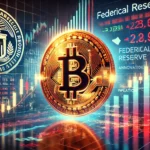 Federal Reserve announcements on cryptocurrency. The image features a glowing Bitcoin symbol with sto