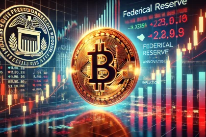 Federal Reserve announcements on cryptocurrency. The image features a glowing Bitcoin symbol with sto