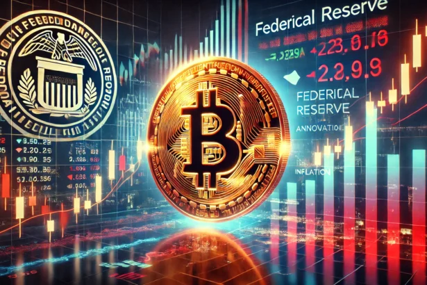 Federal Reserve announcements on cryptocurrency. The image features a glowing Bitcoin symbol with sto