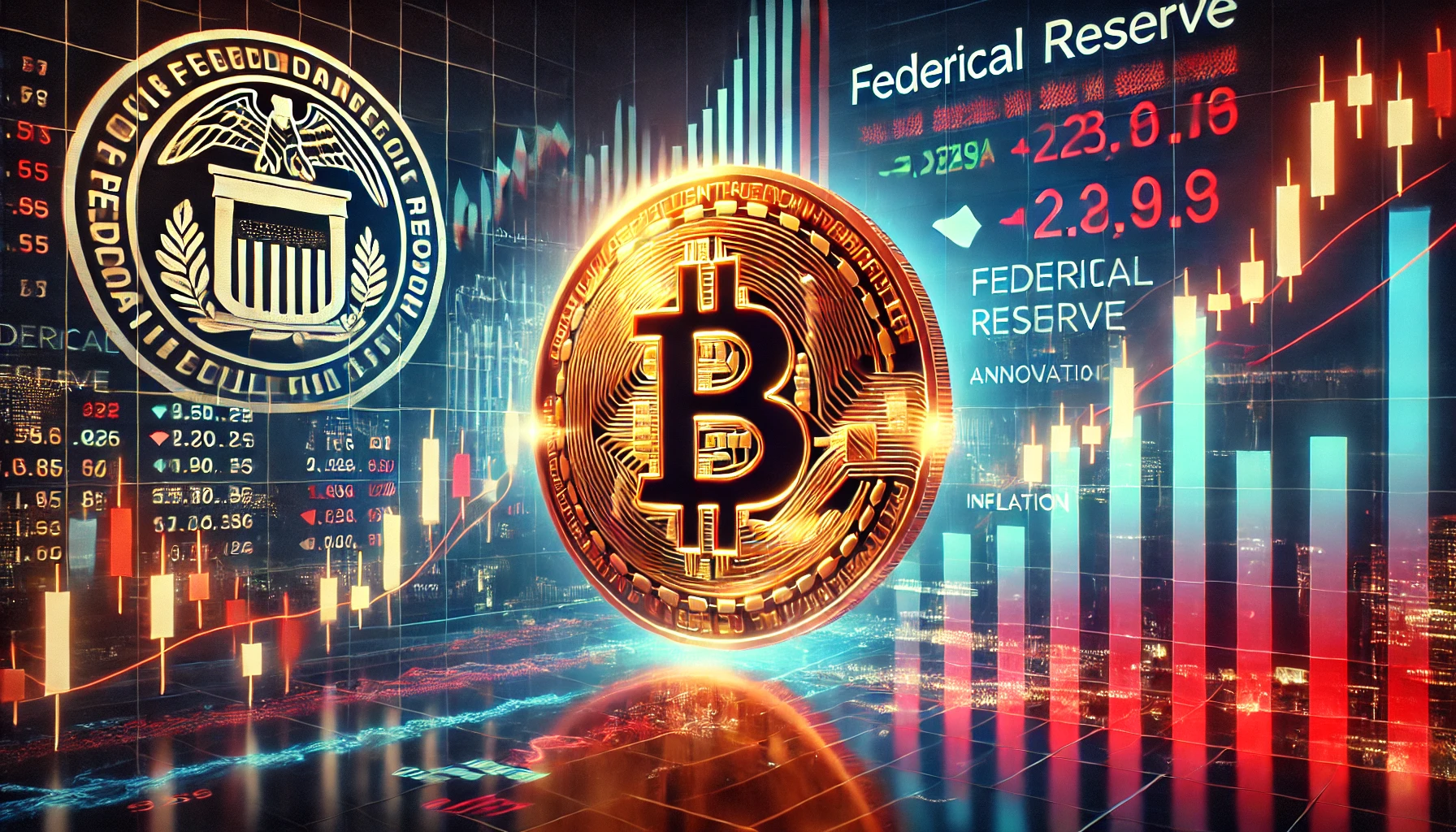 Federal Reserve announcements on cryptocurrency. The image features a glowing Bitcoin symbol with sto