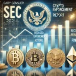 Gary Gensler is 2024 crypto enforcement report. The image features a prominent SEC emblem alongside digital asse