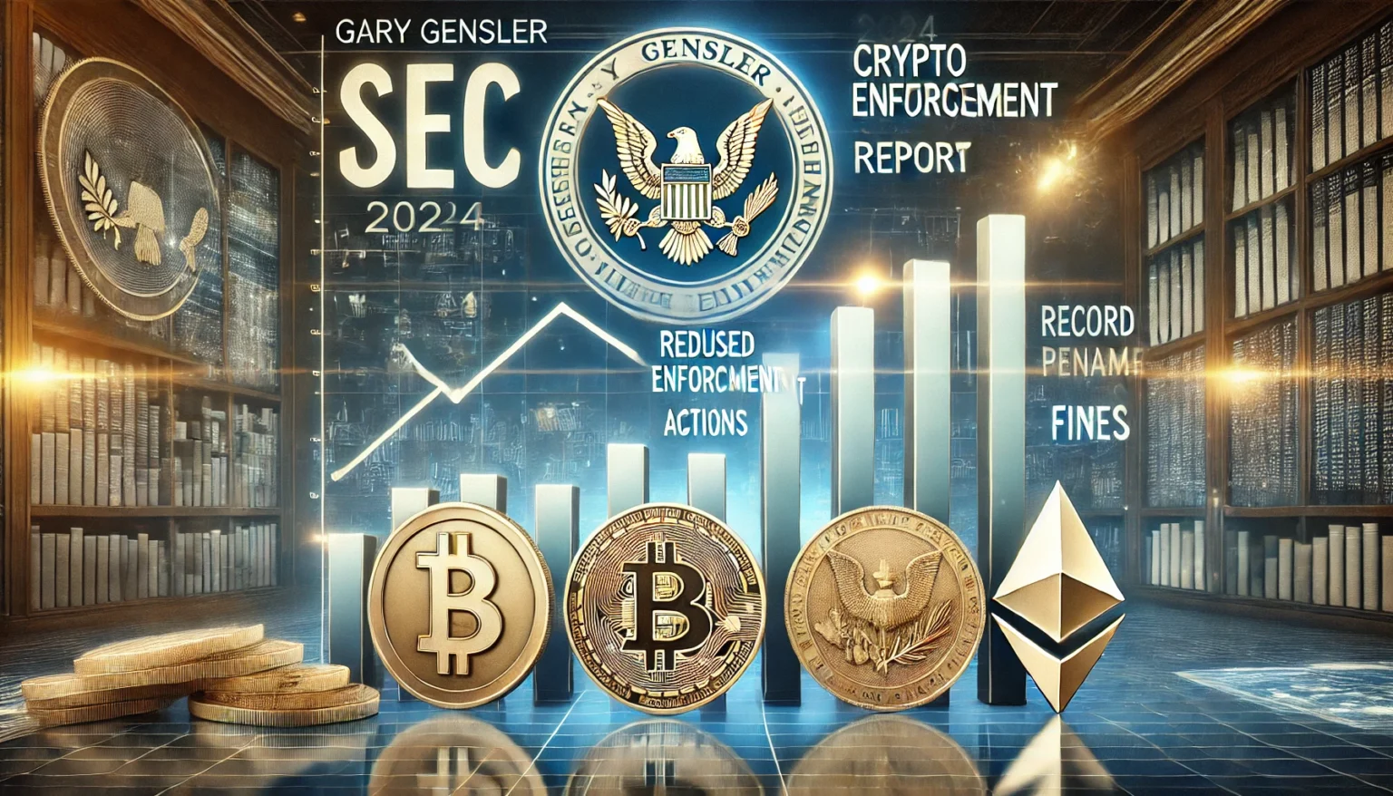 Gary Gensler is 2024 crypto enforcement report. The image features a prominent SEC emblem alongside digital asse