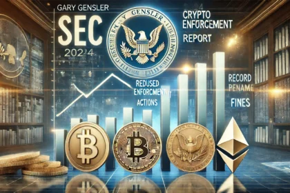 Gary Gensler is 2024 crypto enforcement report. The image features a prominent SEC emblem alongside digital asse