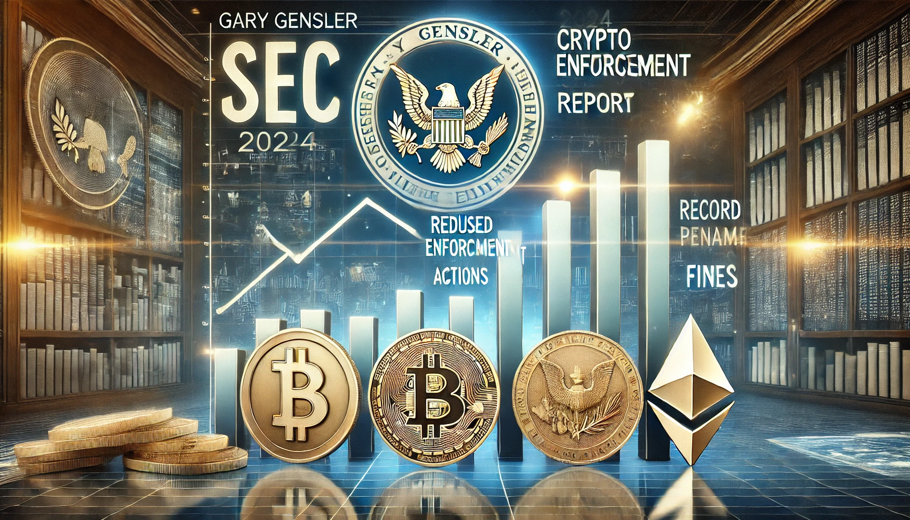 Gary Gensler is 2024 crypto enforcement report. The image features a prominent SEC emblem alongside digital asse