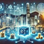 Hong Kong is blockchain innovation hub for banking. Include iconic Hong Kong skyscrapers with a glowing blockcha