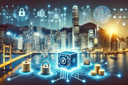 Hong Kong is blockchain innovation hub for banking. Include iconic Hong Kong skyscrapers with a glowing blockcha