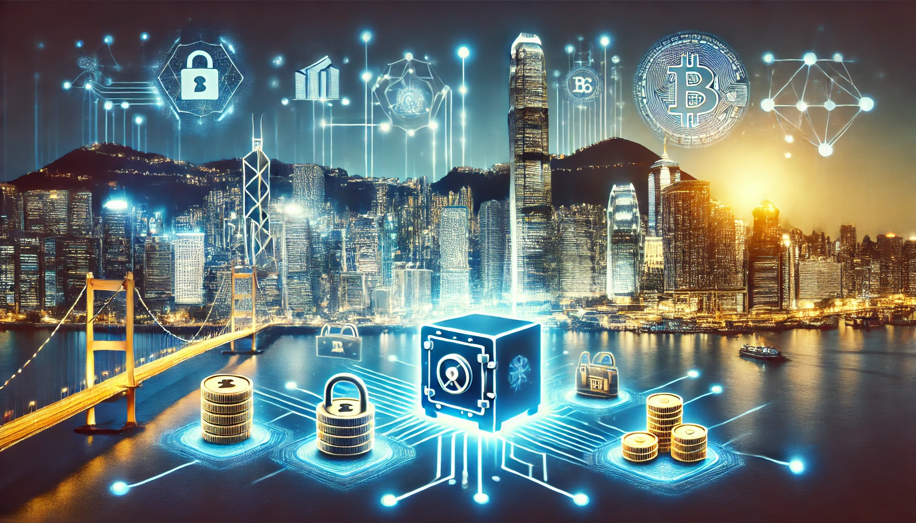 Hong Kong is blockchain innovation hub for banking. Include iconic Hong Kong skyscrapers with a glowing blockcha