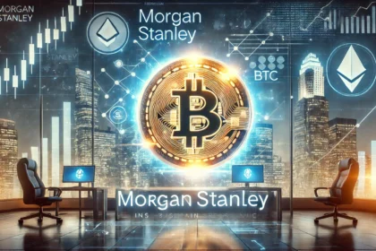 Morgan Stanley is entry into the cryptocurrency market. The scene features a glowing Bitcoin BTC symbol