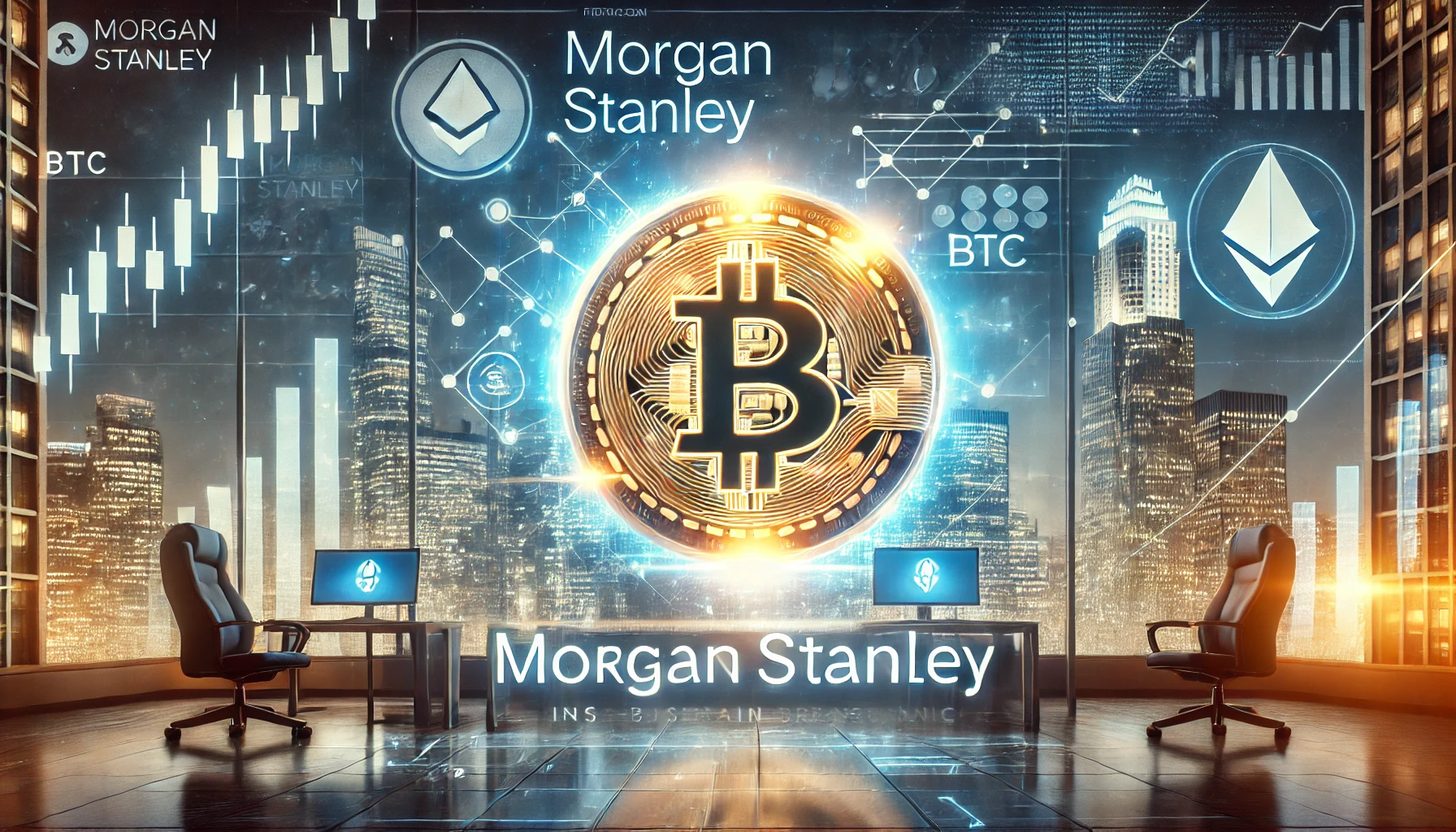 Morgan Stanley is entry into the cryptocurrency market. The scene features a glowing Bitcoin BTC symbol