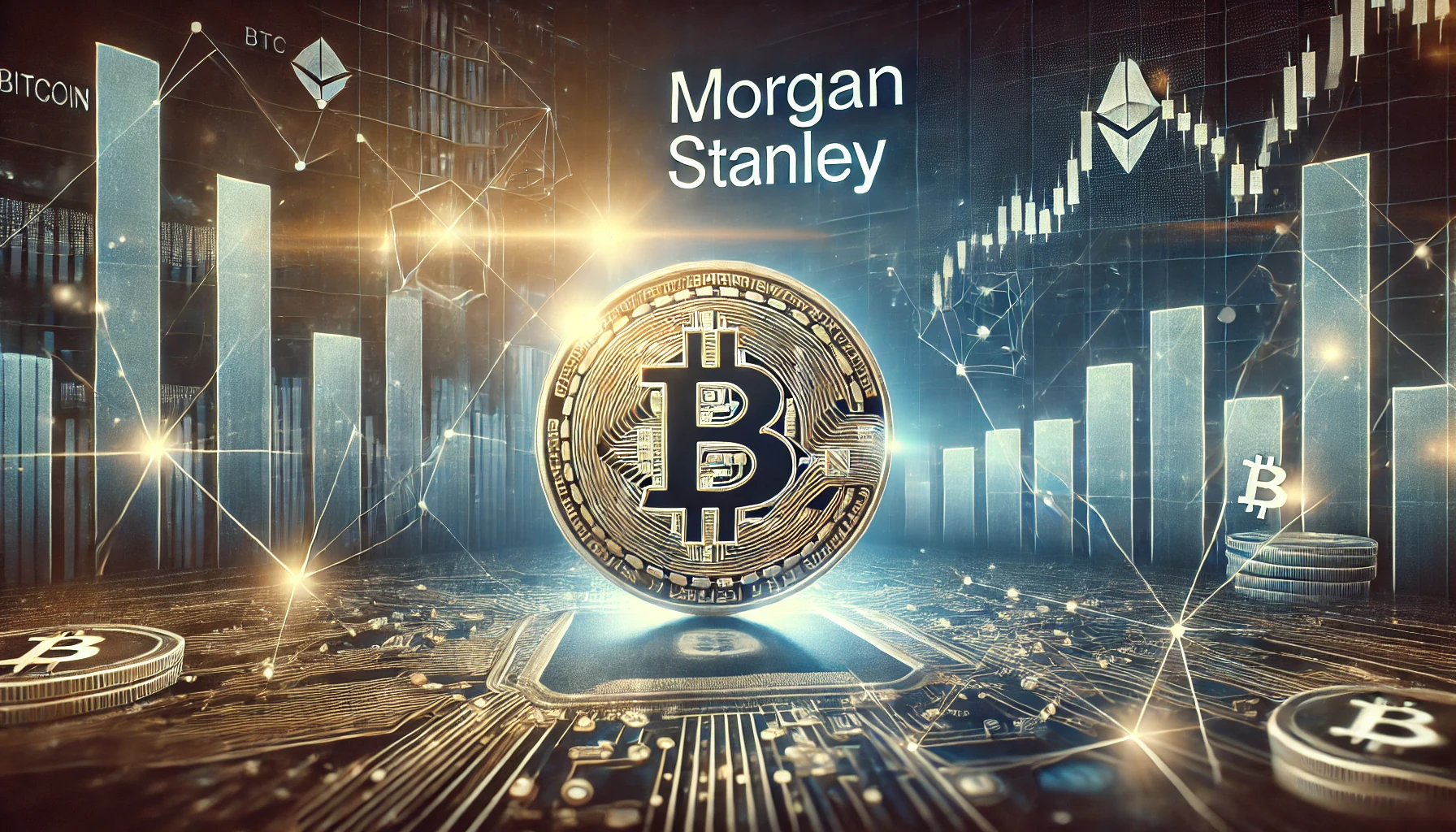 Morgan Stanleys involvement in the cryptocurrency market. The scene includes a Bitcoin BTC symbol in the fo