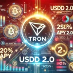 Tron TRX logo alongside USDD 2.0 branding set in a futuristic financial theme. The design includes glowing cryptocurrenc