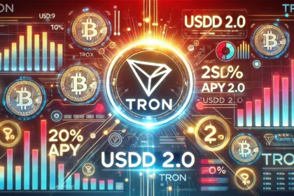 Tron TRX logo alongside USDD 2.0 branding set in a futuristic financial theme. The design includes glowing cryptocurrenc