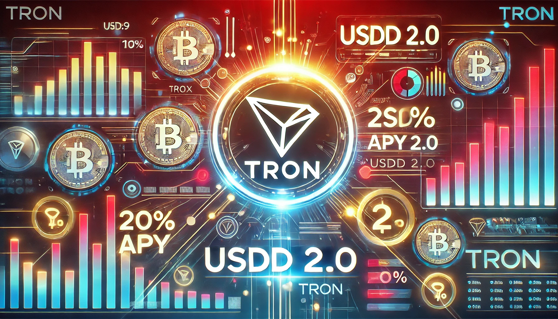 Tron TRX logo alongside USDD 2.0 branding set in a futuristic financial theme. The design includes glowing cryptocurrenc