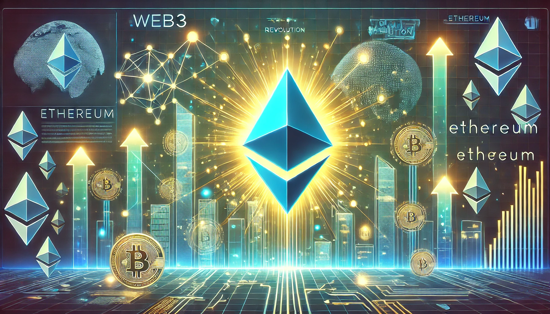 Web3 revolution and Ethereums prominence. The composition includes a glowing Ethereum symbol at the center