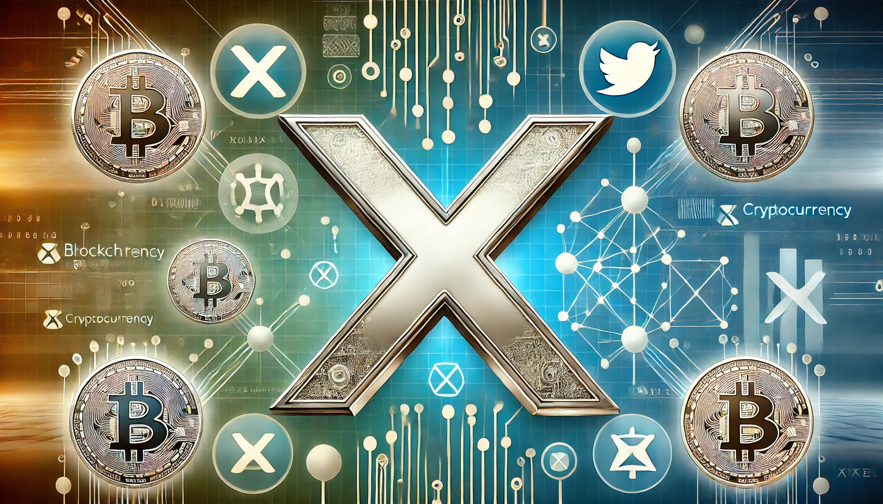 X formerly Twitter and cryptocurrency integration. The X logo is prominently featured surrounded by ab