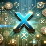 X formerly Twitter with cryptocurrency elements. The design highlights the X logo surrounded by glowing blockch