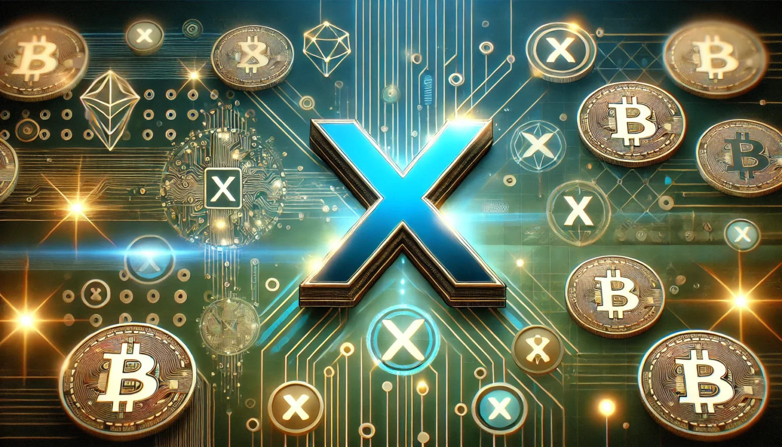 X formerly Twitter with cryptocurrency elements. The design highlights the X logo surrounded by glowing blockch