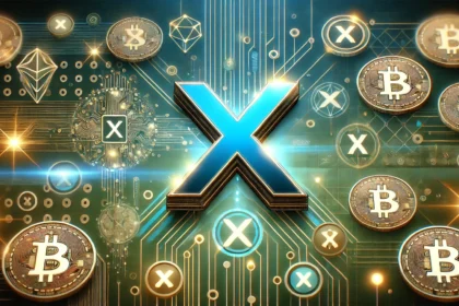 X formerly Twitter with cryptocurrency elements. The design highlights the X logo surrounded by glowing blockch