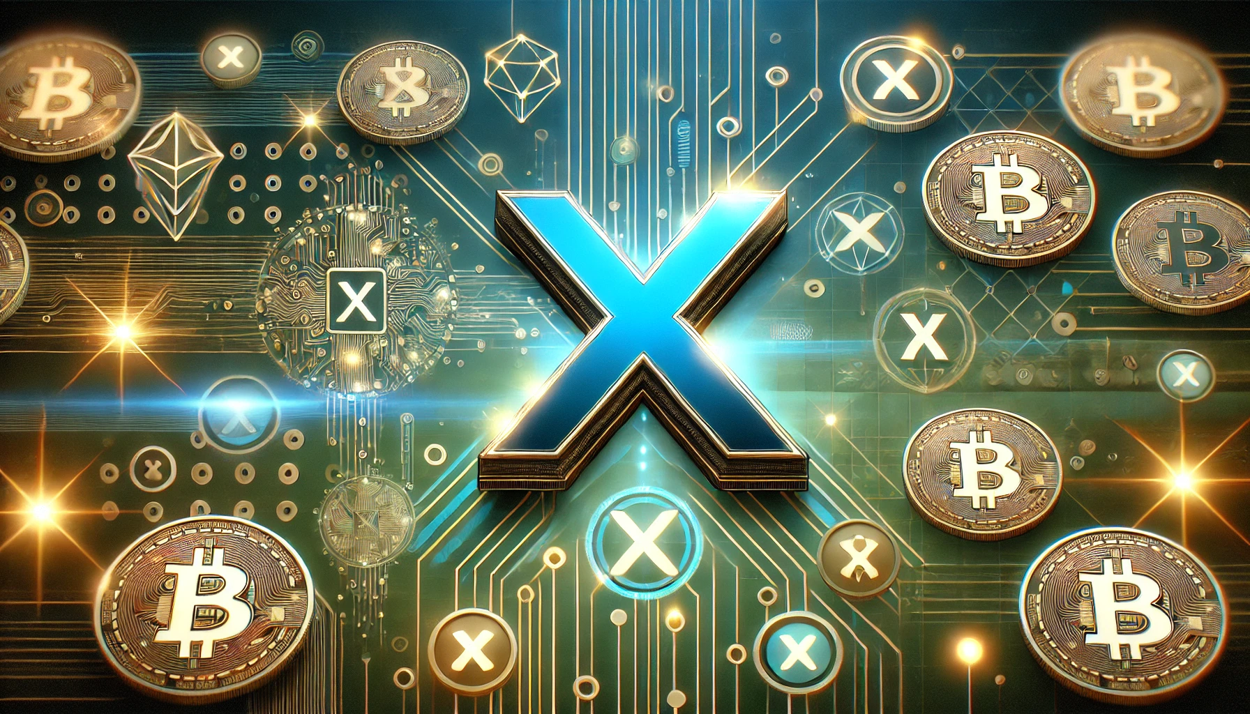 X formerly Twitter with cryptocurrency elements. The design highlights the X logo surrounded by glowing blockch