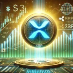 XRP logo prominently with a glowing 3 price tag and a dynamic financial backdrop. The design includes upward trending ch