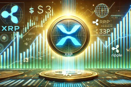 XRP logo prominently with a glowing 3 price tag and a dynamic financial backdrop. The design includes upward trending ch