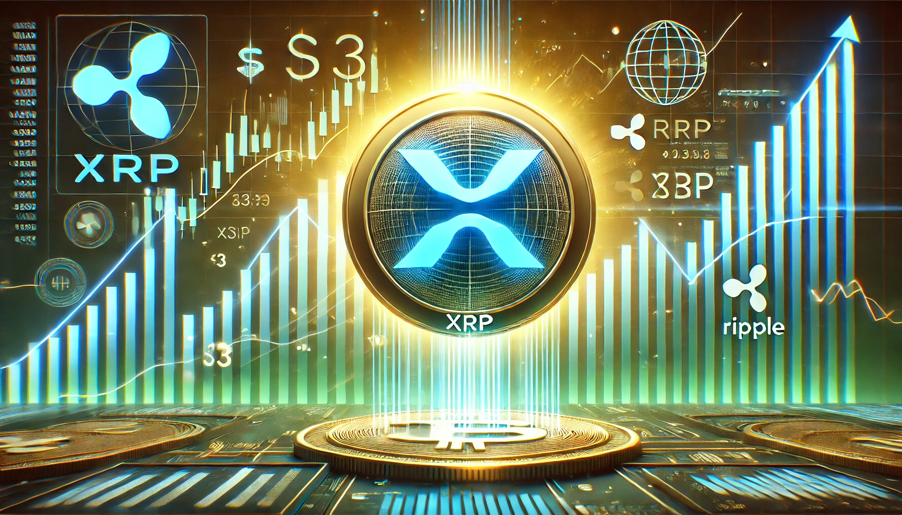 XRP logo prominently with a glowing 3 price tag and a dynamic financial backdrop. The design includes upward trending ch