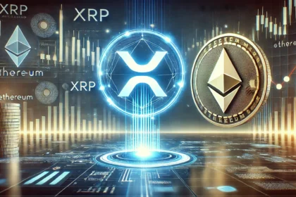 XRPs potential to surpass Ethereum in market value. The scene features a glowing XRP logo prominently in the