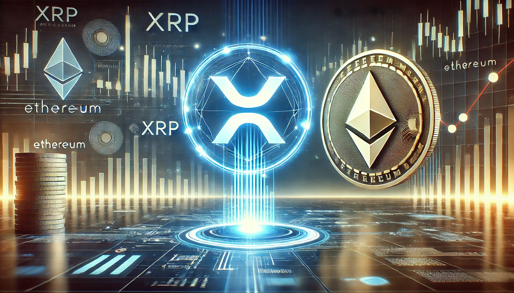 XRPs potential to surpass Ethereum in market value. The scene features a glowing XRP logo prominently in the