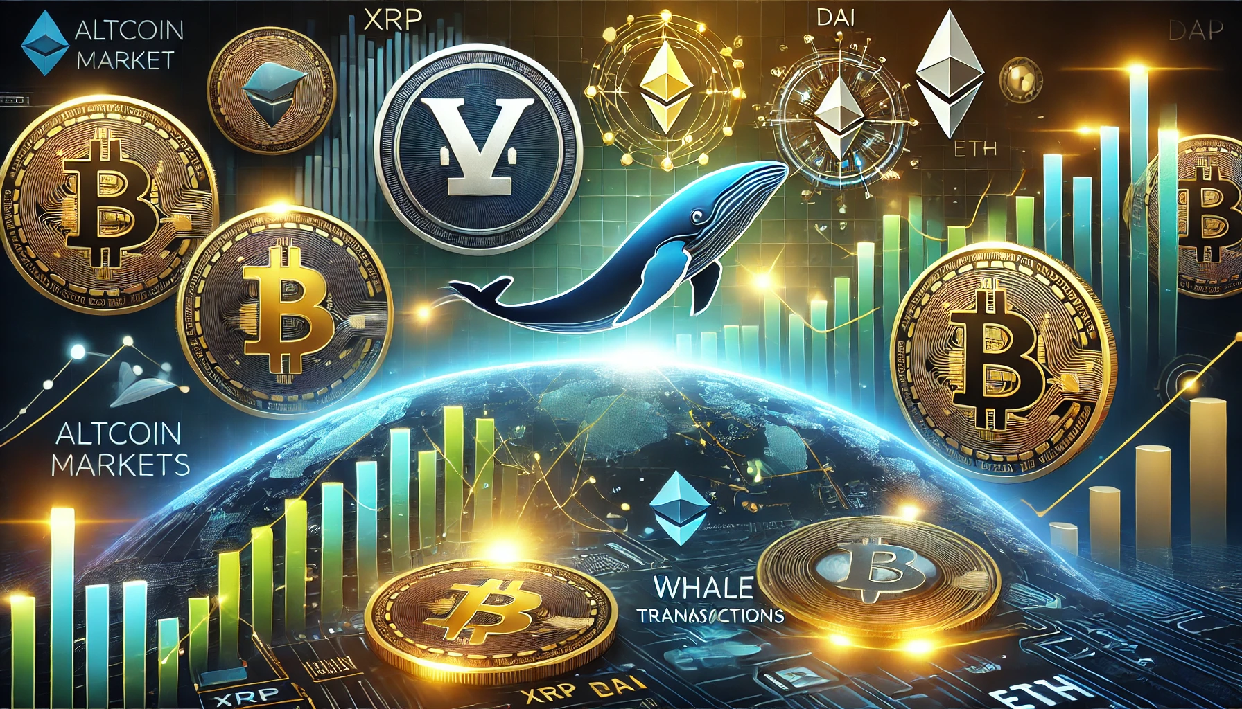 altcoin markets activity and whale transactions. The design features multiple altcoin logos such as X