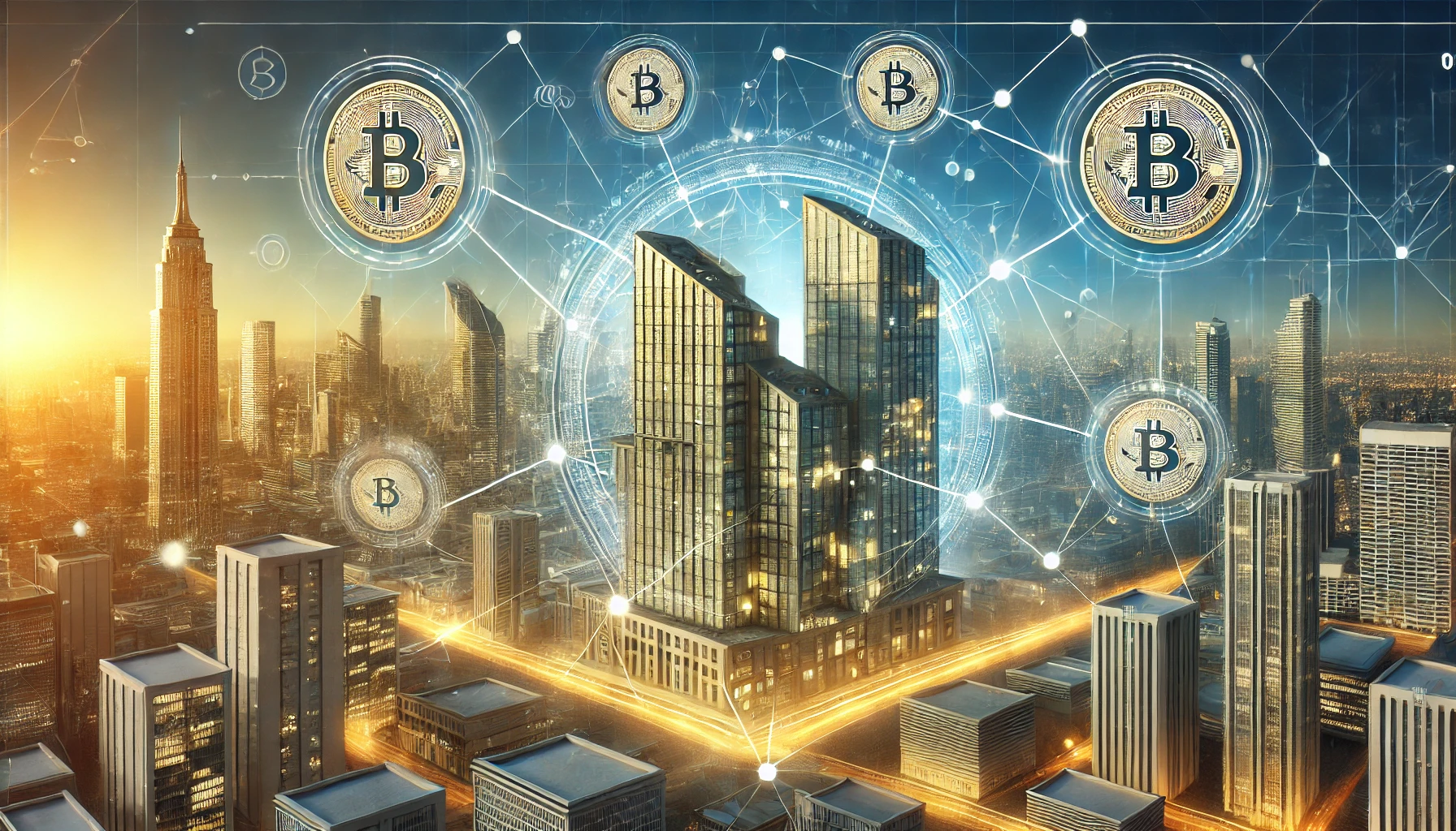 concept of tokenized real estate. The image features a high rise building divided into d