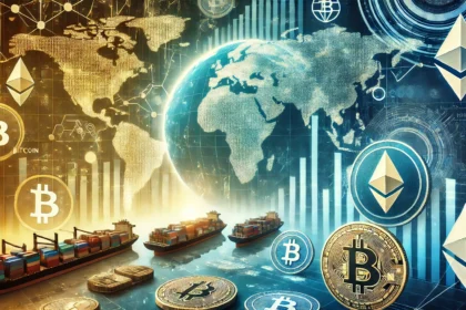 cryptocurrency dynamics. The image features a split view of international trade symbols like ca