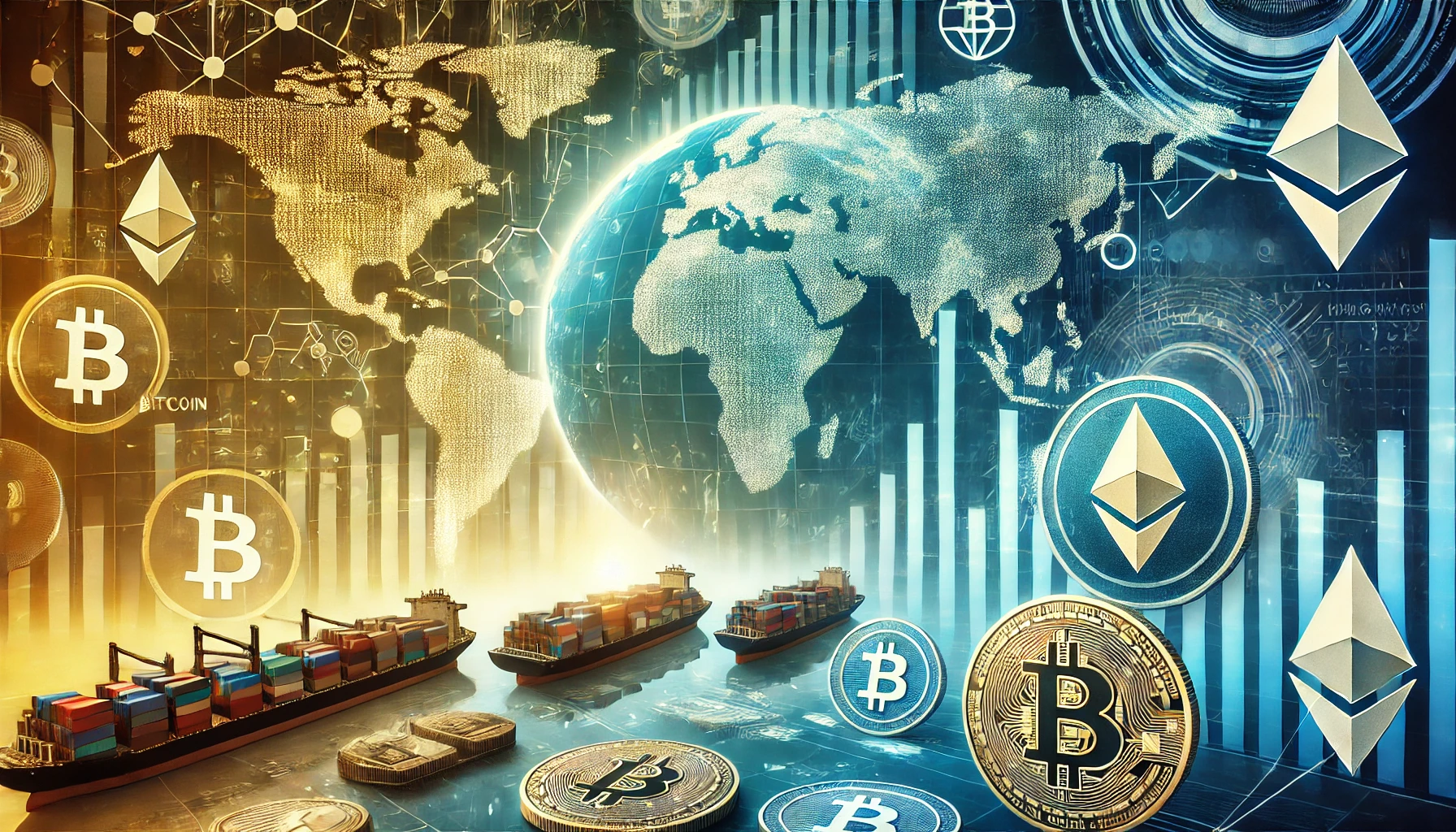 cryptocurrency dynamics. The image features a split view of international trade symbols like ca