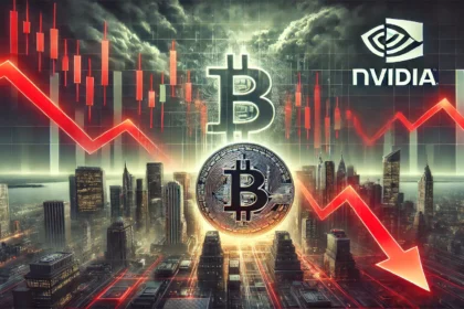 cryptocurrency market and technology stocks in turmoil featuring a futuristic cityscape with glowing digital graphs sh