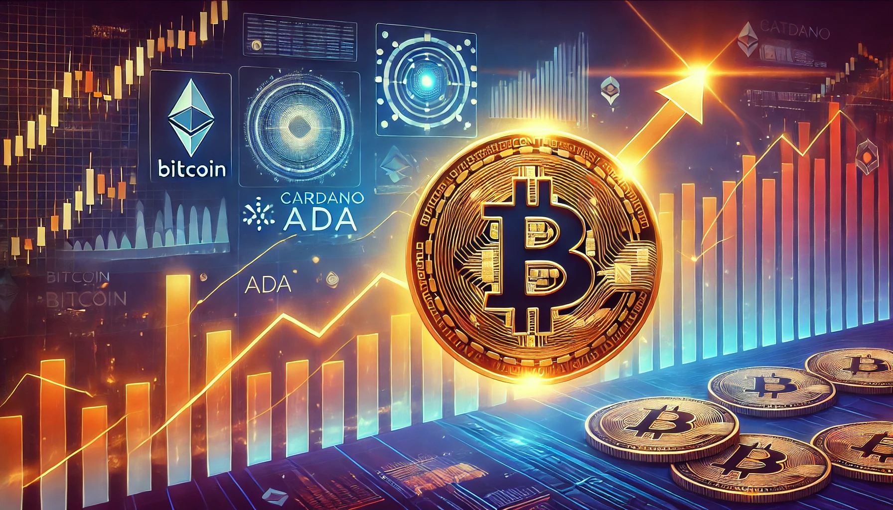 cryptocurrency market with a rising Bitcoin chart and a glowing Bitcoin logo. Include elements like upward tr