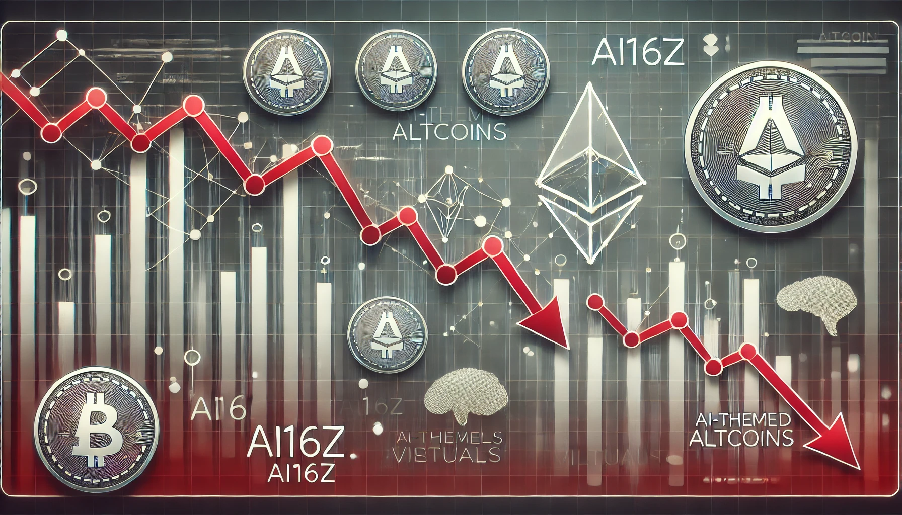 decline of AI themed altcoins. The image features digital charts showing downward trends with icons o