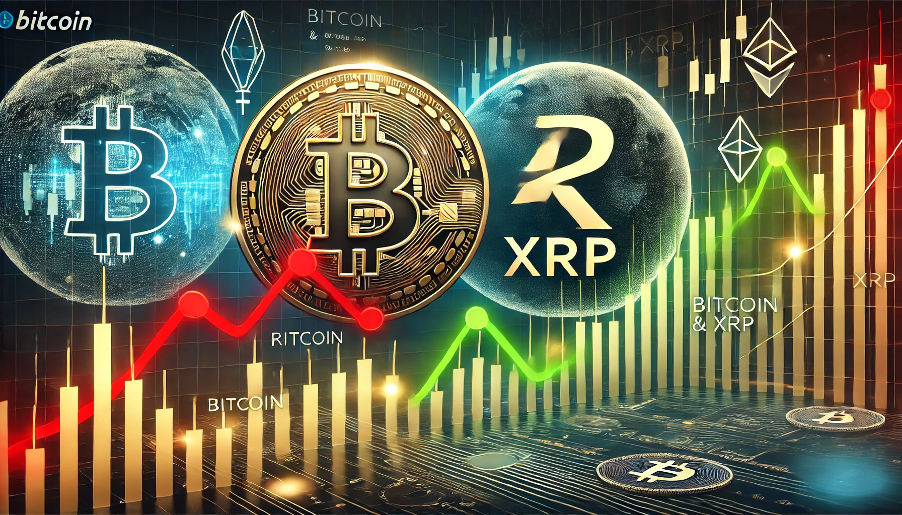 depicting Bitcoin and XRP market analysis. The image features Bitcoin and XRP logos prominently disp