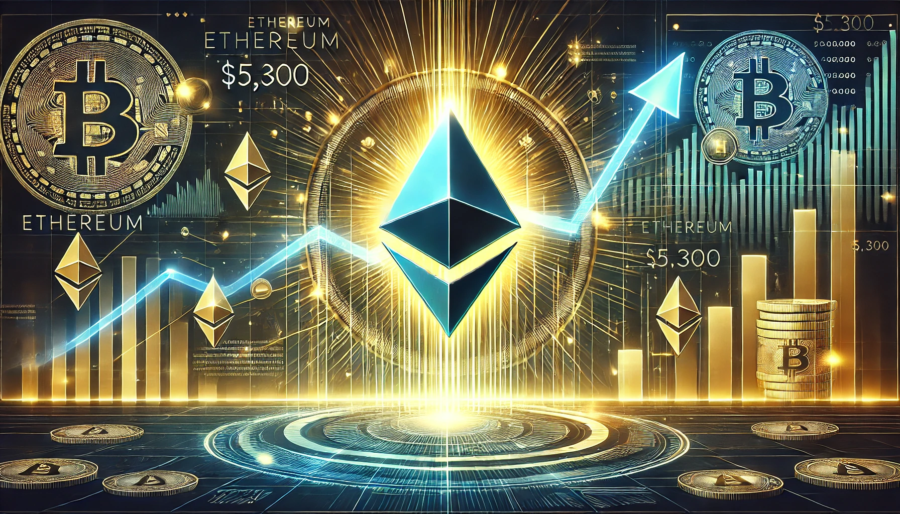 depicting Ethereums ETH price surge towards 5300. The image features the Ethereum logo prominently