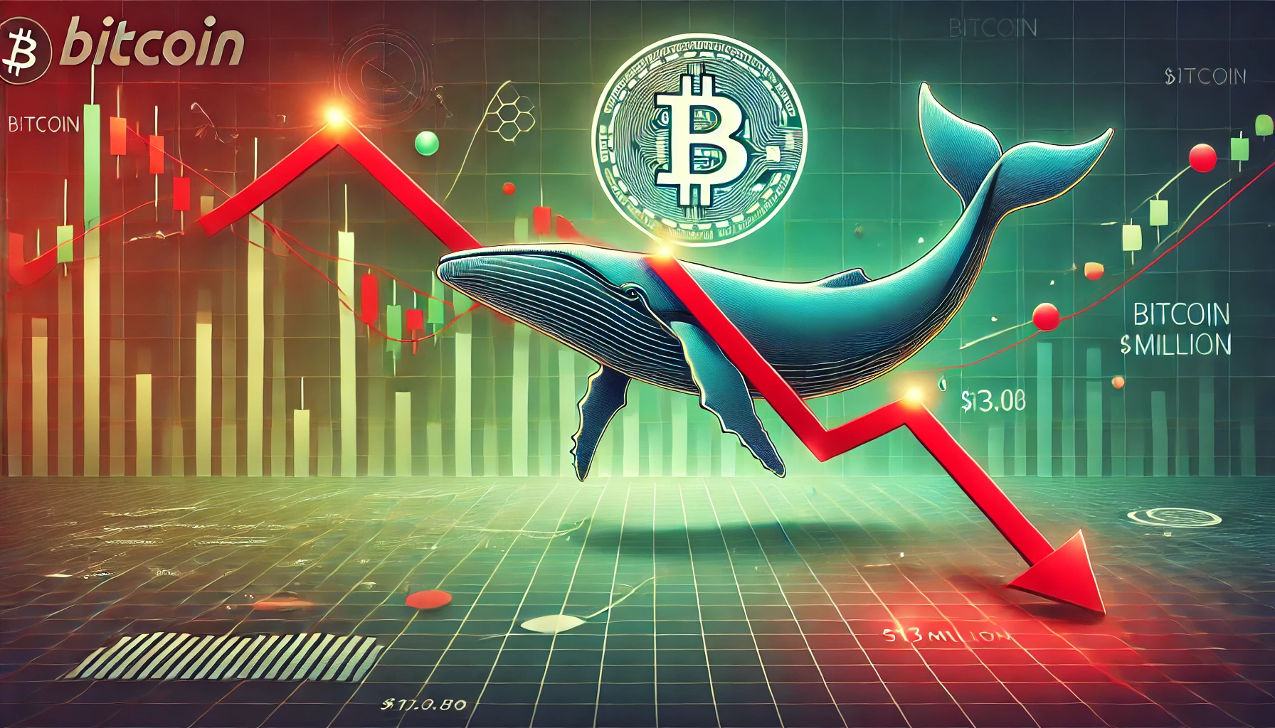 depicting the story of a Bitcoin whales significant 13 million loss. The image features a Bitcoin logo wi