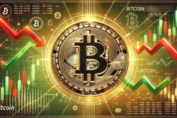 dynamic Bitcoin market. Show a large Bitcoin logo at the center with contrasting trendlines—downward red